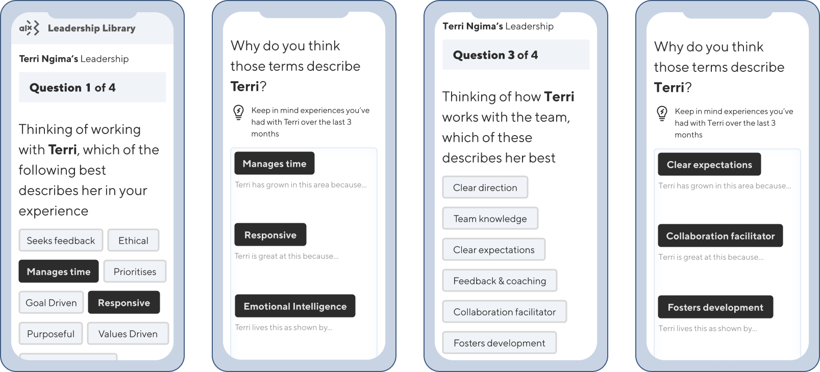 Four screens of a prototype detailing questions posed to raters when giving feedback