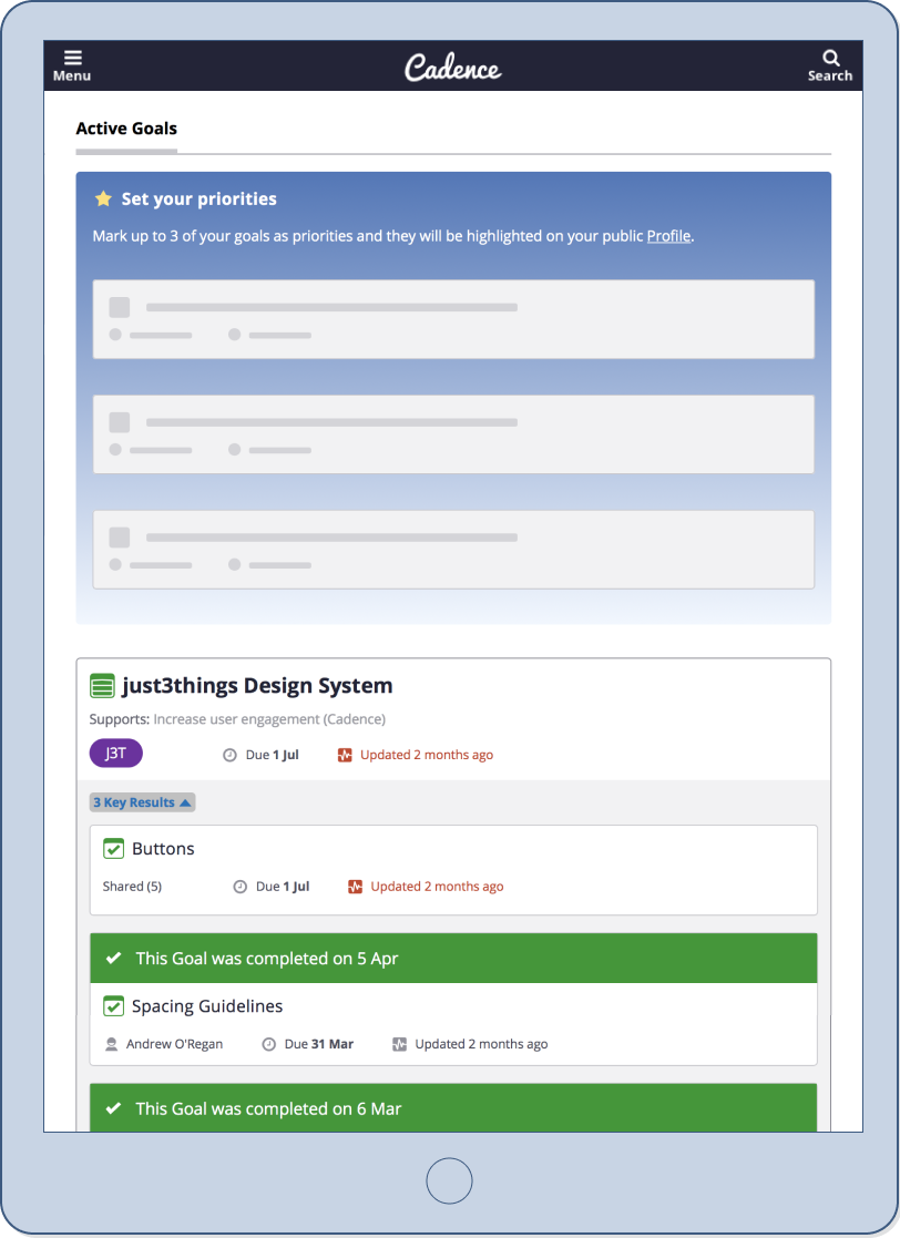 Screenshot from Just3things showing Priorities feature